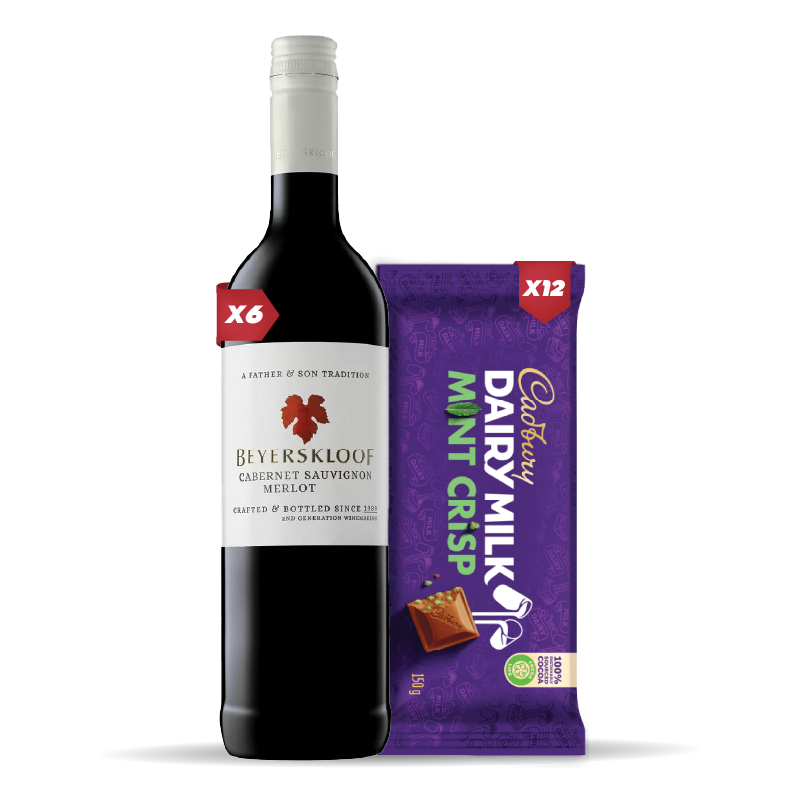 6x BEYERSKLOOF CABERNET MERLOT 750ml + 12x Cadbury Dairy Milk Mint Crisp 80g