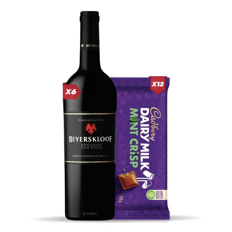 6x BEYERSKLOOF SYNERGY CAPE BLEND 750ml + 12x Cadbury Dairy Milk Mint Crisp 80g