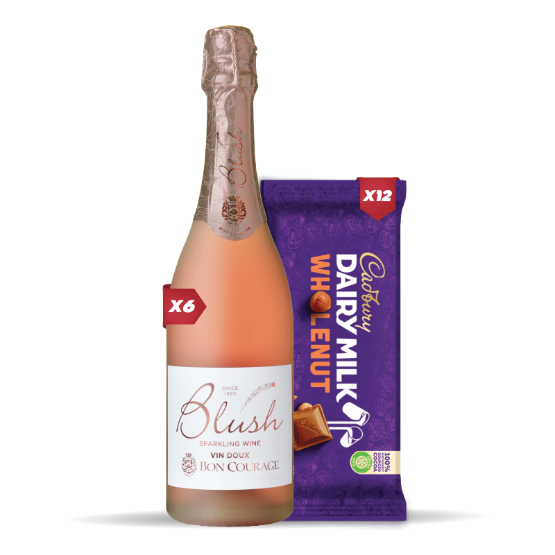 6x BON COURAGE BLUSH VIN DOUX 750ml + 12x Cadbury Dairy Milk Whole Nut Chocolate Slab 80g