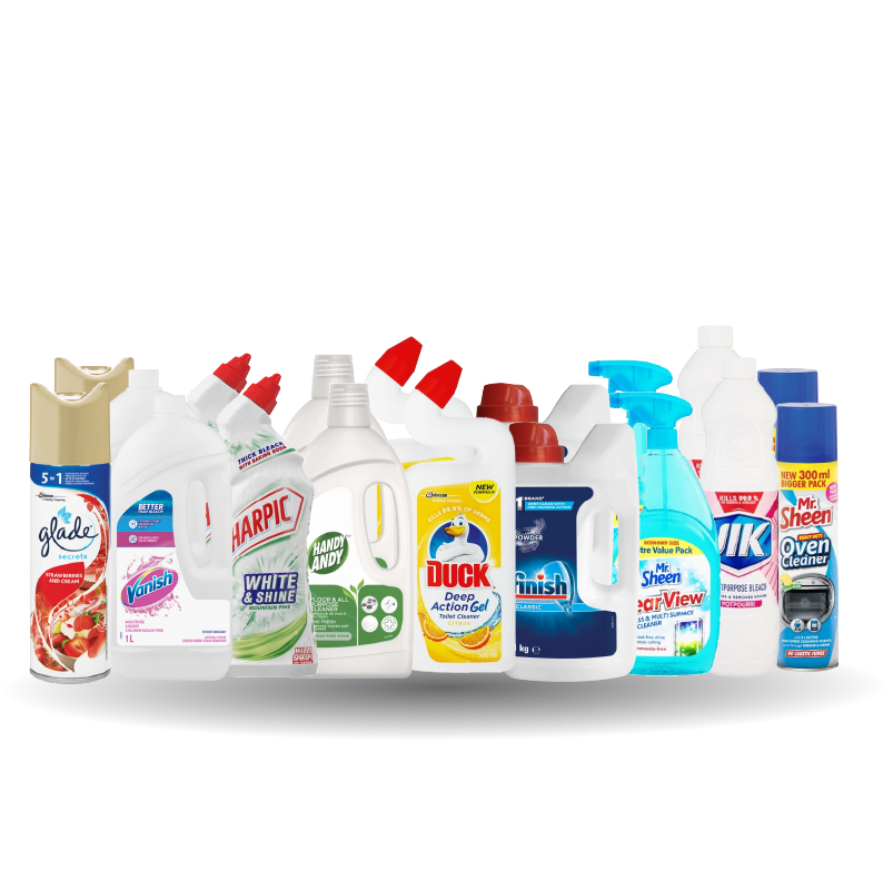 2X FINISH 2IN1 POWDER, 2X MR SHEEN CLEANER 1KG, 2X BIOCRYSTAL POWDER, 2X JIK BLEACH POT POURI, 2X MR SHEEN OVEN CLEANER, 6X GLADE STRAWBERRY & CREAM, 2 DUCK TOILET CLEANER CITRUS, 2X HARPIC WHITE & SHINE , 2X VANISH LIQUID CRYSTAL WHITE & HANDY ANDY PINE