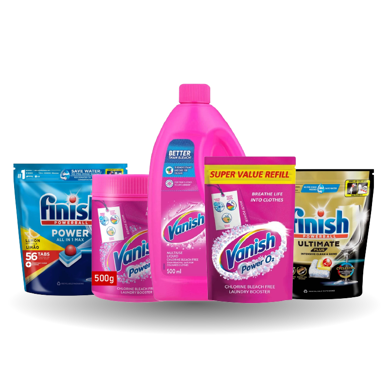 1x FINISH TABS 56'S LEMON, 1X FINISH TABS SUPERSO 45'S, 1X VANISH IN WASH STAIN REMOVER , 1X VANISH POWDER REFILL 650G AND 1X VANISH IN-WASH POWER 02 500G