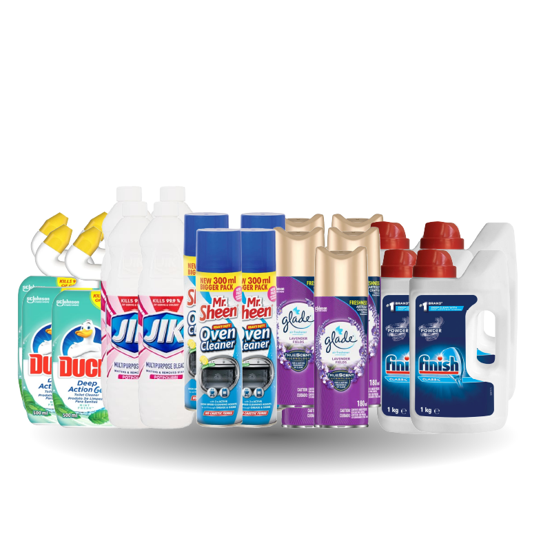 4x BIOCRYSTAL POWDER, 4X FINISH 2IN1 DISHWASHING, MR SHEEN OVEN CLEANER, 4X JIK CLEANER POT POURRI, DUCK TOILET CLEANER MINT FRESH, 6X GLADE LAVENDER