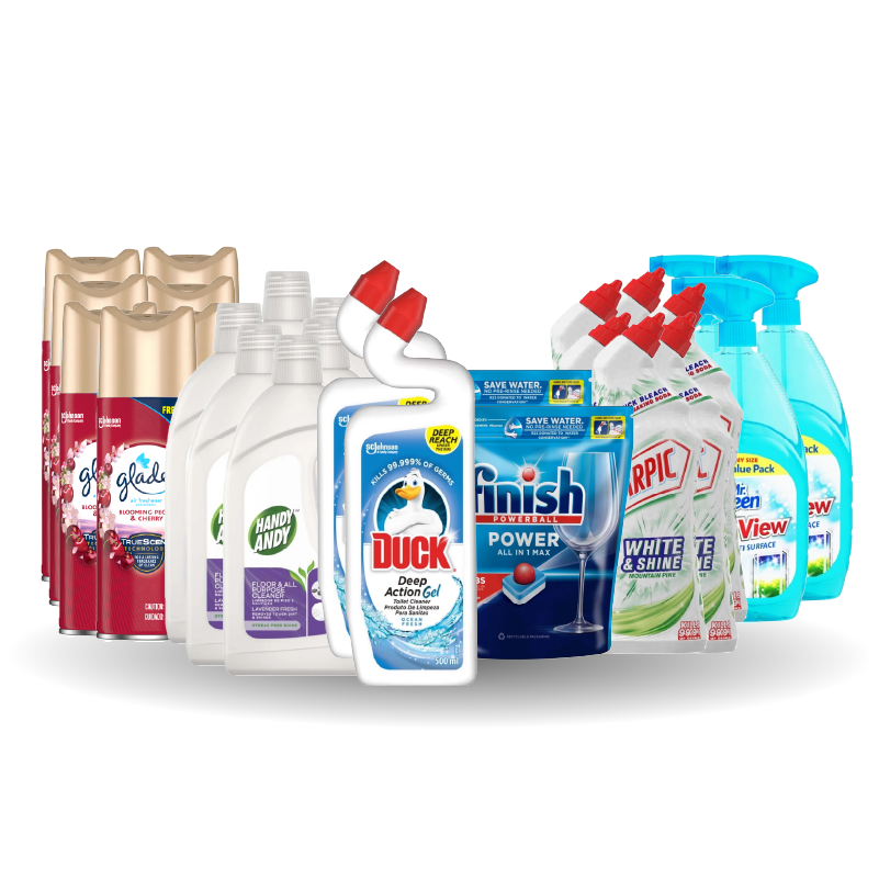 6X HANDY ANDY LAVENDER, 6X HARPIC WHITE & SHINE, 3X MR SHEEN SURFACE CLEANER, 2X DUCK TOILET CLEANER OCEAN FRESH, 6X GLADE PEONY & CHERRY, 2X FINISH TABS 56'S REGULAR