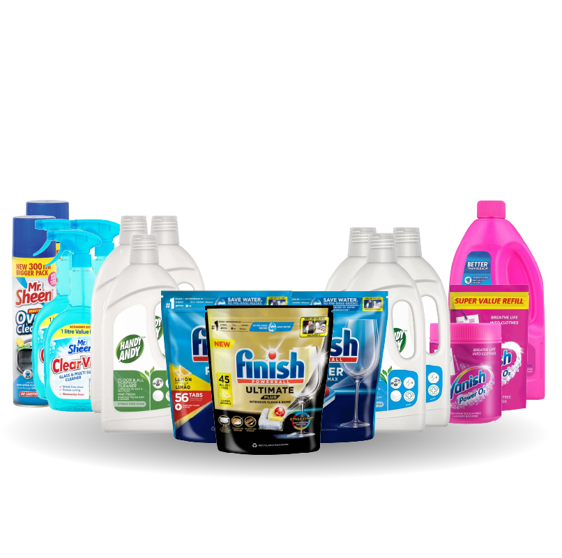 3x MR SHEEN SURFACE CLEANER, 3X HANDY ANDY PINE, 3X HANDY ANDY OCEAN, 2X OVEN CLEANER,1X FINISH SUPERSO 45'S, 1X FINISH TABS 56'S LEMON, 1X FINISH 56'S REGULAR, 1X VANISH REFILL, 1X VANISH STAIN REMOVER & 1X VANISH POWER 02