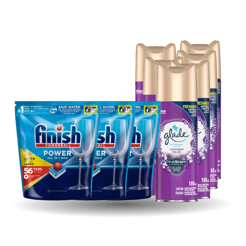 6X GLADE SECRETS FRESHEN 180ML, LAVENDER & 3X FINISH AUTO DISH TABS 56'S, LEMON