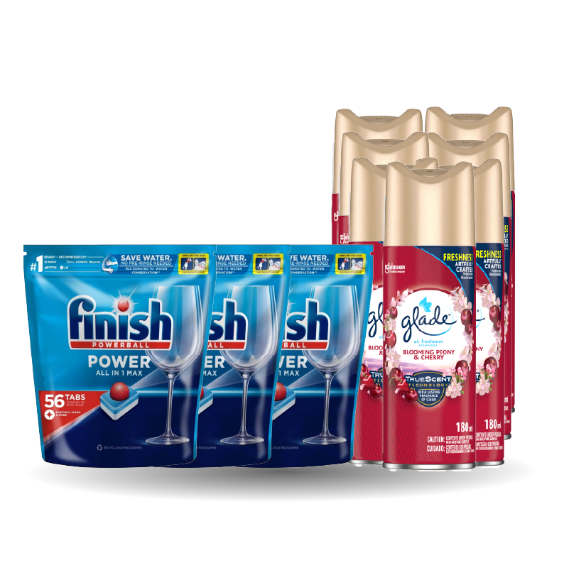 3X FINISH AUTO DISH TABS 56'S, REGULAR & 6X GLADE SECRETS FRESHEN 180ML BLOOMING PEONY & CHERRY
