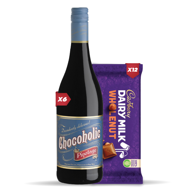 6x DARLING CHOCOHOLIC PINOTAGE 750ml + 12x Cadbury Dairy Milk Whole Nut Chocolate Slab 80g