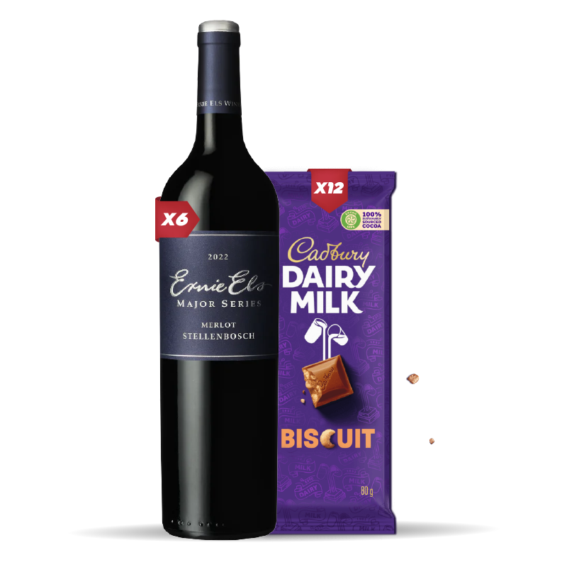 6x ERNIE ELS MAJOR SERIES MERLOT 750ML +12x Cadbury Dairy Milk Biscuit 80g