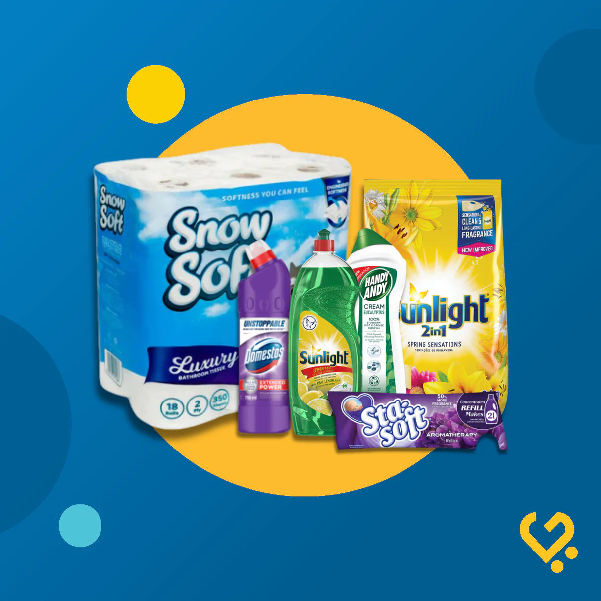 Cleaning Essentials ( SnowSoft Luxury Toilet Paper 18 rolls x 2,Domestos Power Cleaner 750ml x 2,Sunlight Dishwashing Liquid 750ml x 2,Handy Andy Cream Cleaner 750ml x 2,Sunlight 2in1 Laundry Detergent 2kg x 2,Sta-Soft Refill Fabric Softener 500ml x 2)