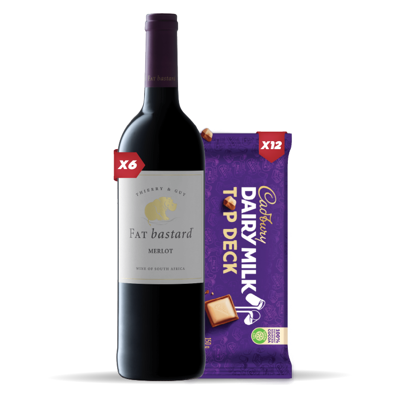 6x FAT BASTARD MERLOT 750ml +12x Cadbury Dairy Milk Top Deck 80g