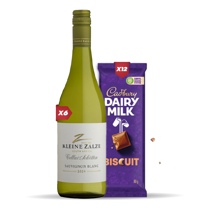 6x KLEINE ZALZE CELLAR SEL SAUVIGNON 750ml +12x Cadbury Dairy Milk Biscuit 80g