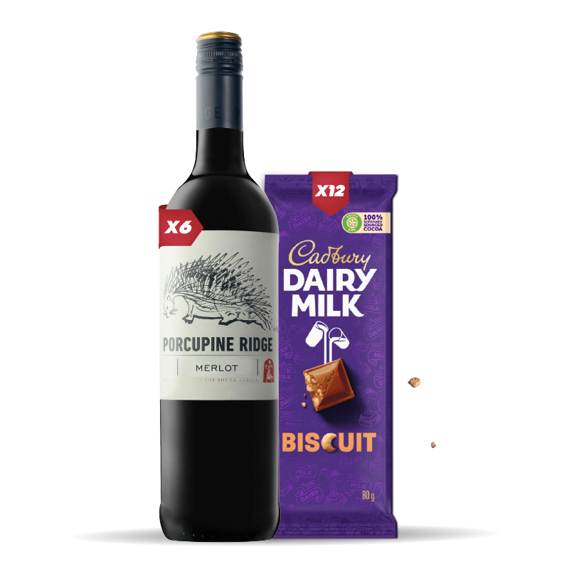 6x PORCUPINE RIDGE MERLOT 750ml + 12x Cadbury Dairy Milk Biscuit 80g