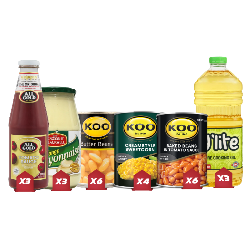 Pantry (3XAll Gold Tomato Sauce 700ml/3XCross and Blackwell Mayonnaise 750g/6X Koo Baked Beans In Tomato Sauce 410g/4XKoo Cream Style Sweetcorn 415g/6XKoo Butter Beans 410g/3XCooking Oil D'lite 2L)