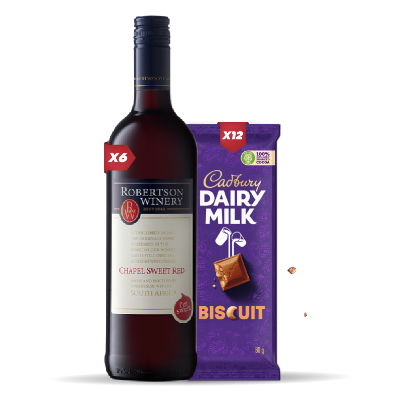 6x ROBERTSON CHAPEL NATURAL SWEET RED 750ml + 12x Cadbury Dairy Milk Biscuit 80g