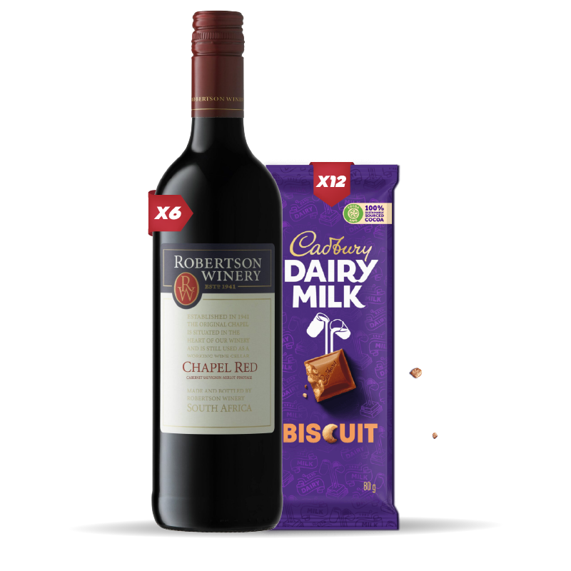 6x ROBERTSON CHAPEL RED 750ml + 12x Cadbury Dairy Milk Biscuit 80g