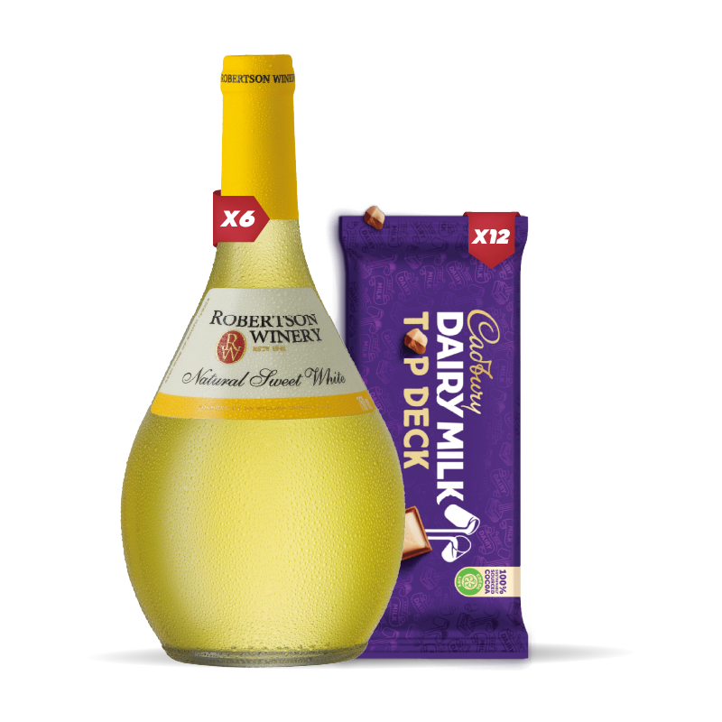 6x ROBERTSON NATURAL SWEET WHITE 750ml +12x Cadbury Dairy Milk Top Deck 80g