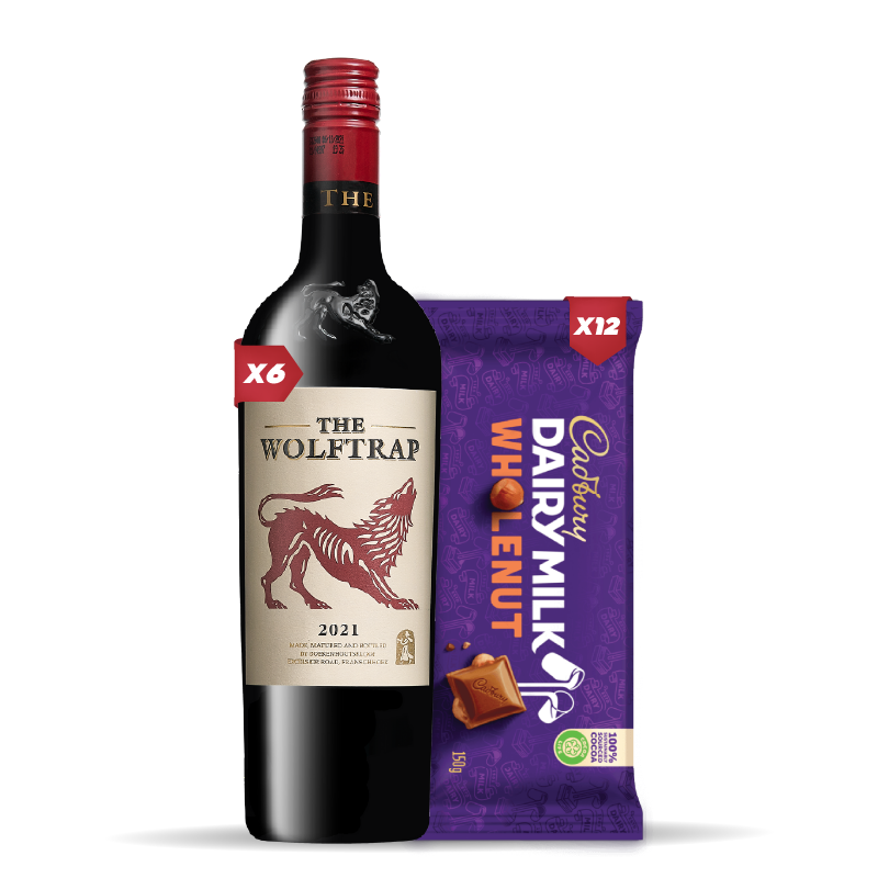 6x WOLFTRAP RED 750ml + 12x Cadbury Dairy Milk Whole Nut Chocolate Slab 80g