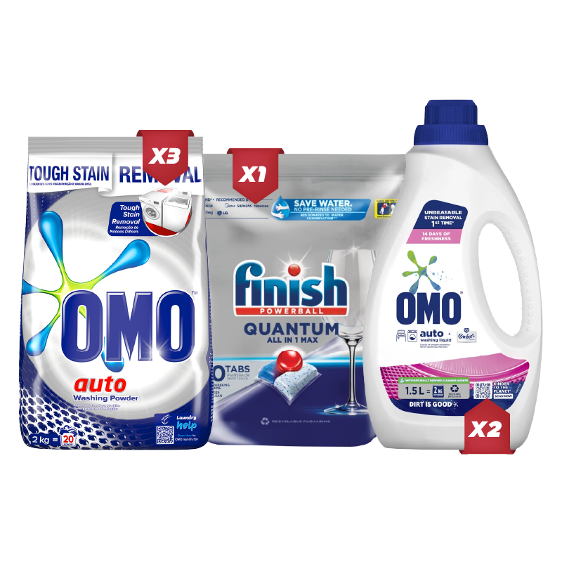 Auto Wash 2 (1X Finish Auto Dishwashing Tablets 50's/2X Omo Auto Liquid Comfort 1.5L/ 3X Omo Auto Washing Powder 2Kg)