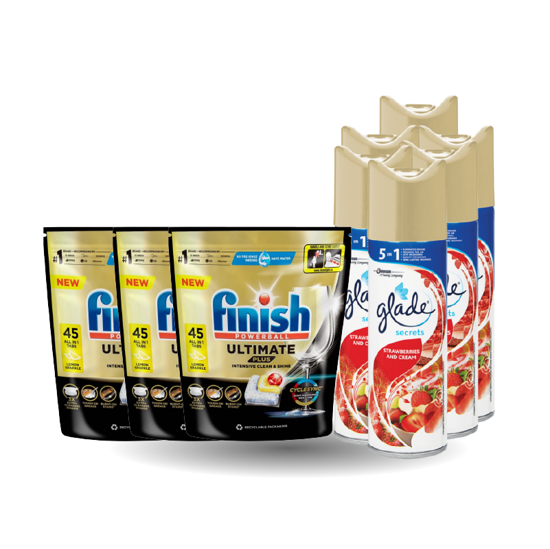 6X GLADE SECRETS FRESHEN 180ML STRAWBERRY & CREAM & 3X FINISH D/WASH TABS GOLDEN SUPERSO 45'S