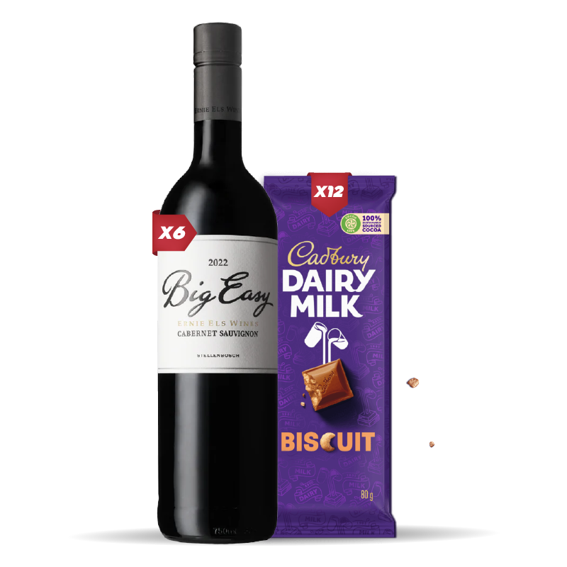 6x ERNIE ELS BIG EASY CABERNET SAUVIGNON 750ML +  12x Cadbury Dairy Milk Biscuit 80g