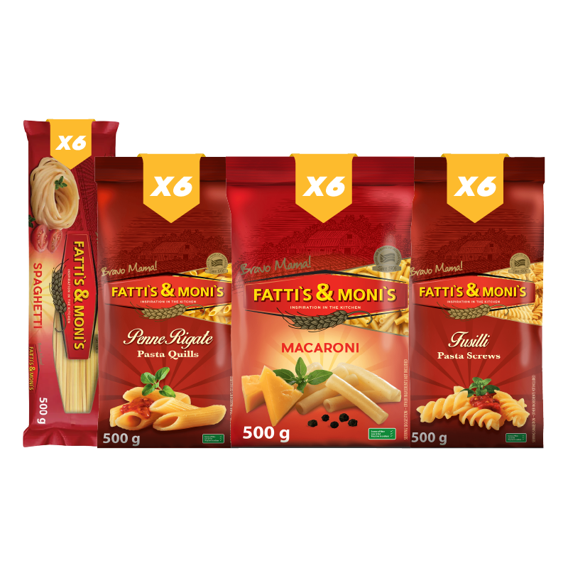 Pasta Lovers (6X Fatti's and Moni's Fusilli Pasta Screws 500g/6X Fatti's and Moni's Macaroni Plain 500g/6X Fatti's and Moni's Spaghetti 500g/6XFatti's and Moni's Penne Rigate Pasta Quills 500g)