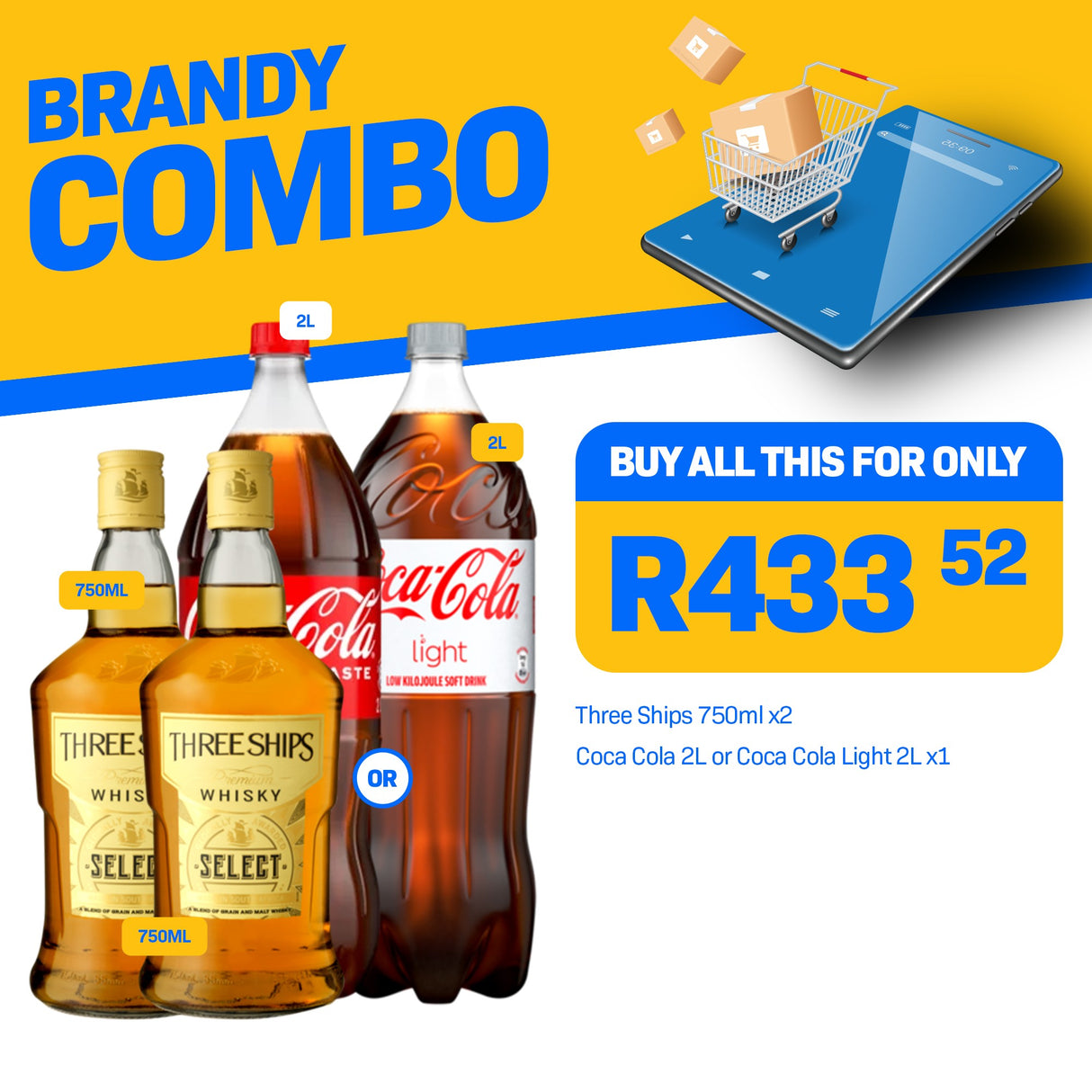 Brandy THREE SHIPS 750ML combo